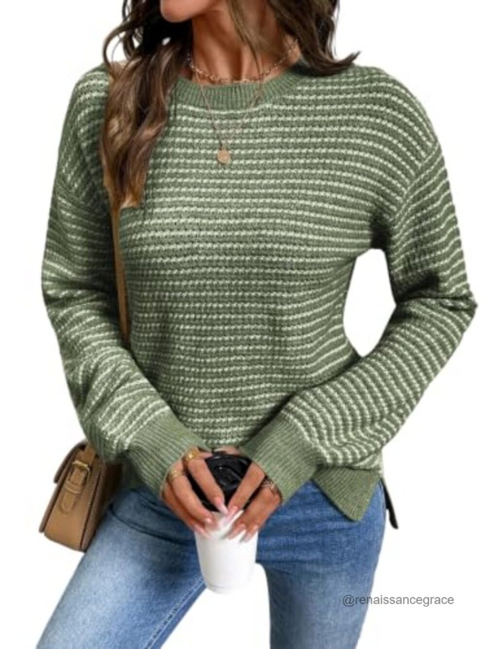Women's Long Sleeve Crewneck Striped Side Split Pullover Sweater